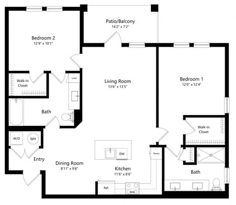 Floor plan for 2 beds, 2 baths, 1249 sqft
